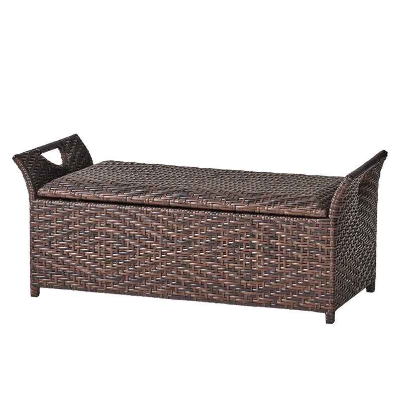 Outdoor Bench with Hinged Lid Storage, 42 Inch Dark Brown PE Rattan - Benzara