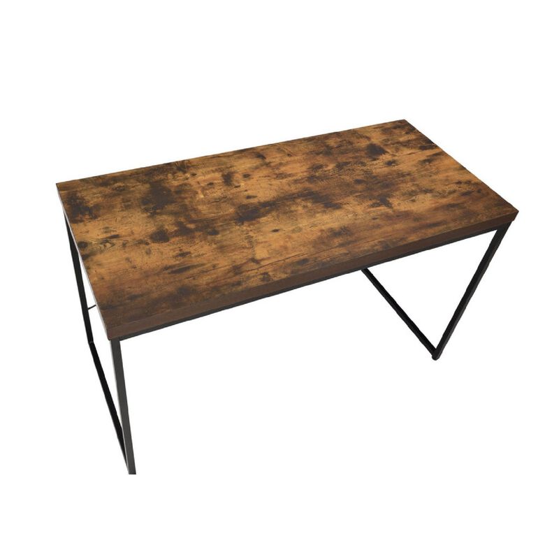 Rectangular Wooden Desk With Metal Base, Weathered Oak Brown And Black-Benzara
