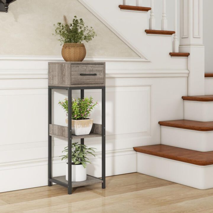 Hivvago 3 Tier Tall Plant Stand with Drawer Anti-tipping Devices-Gray