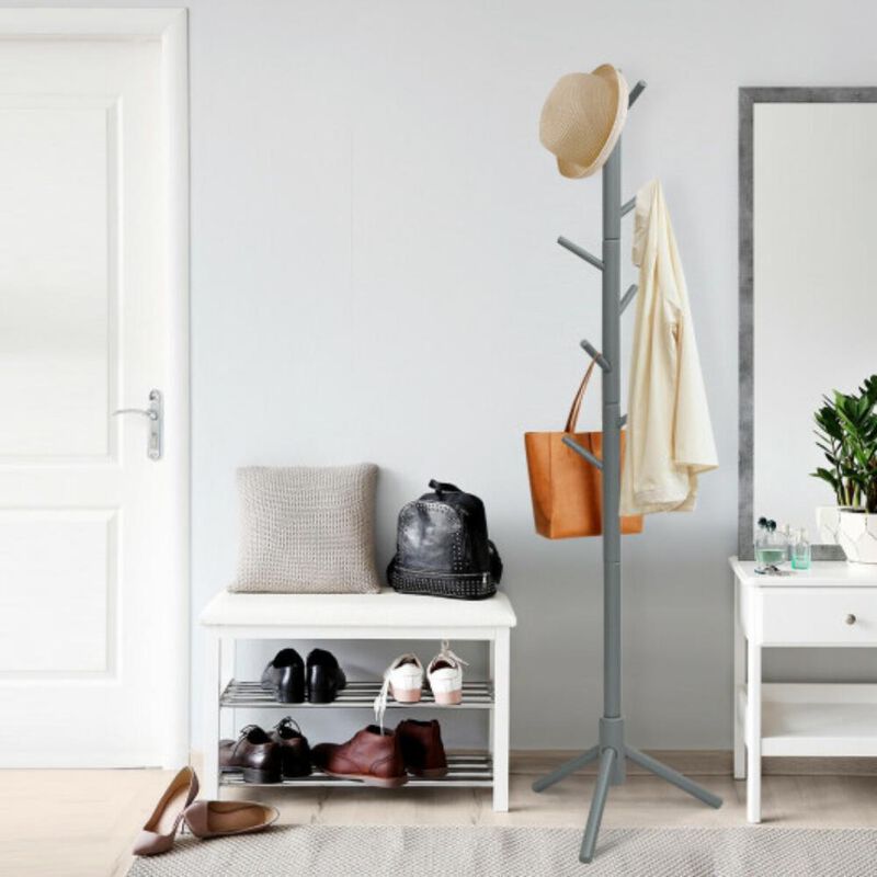 2 Heights Wooden Coat Rack with 8 Hooks-Grey