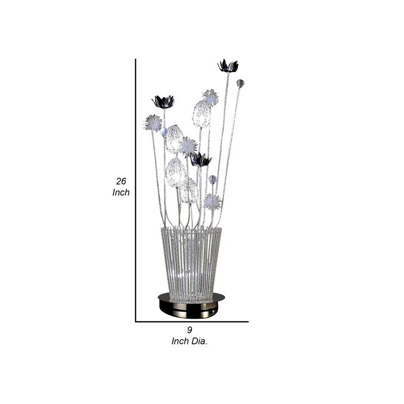 26 Inch Accent Table Lamp, Flower Vase Design, Metal, Chrome Finish - Benzara