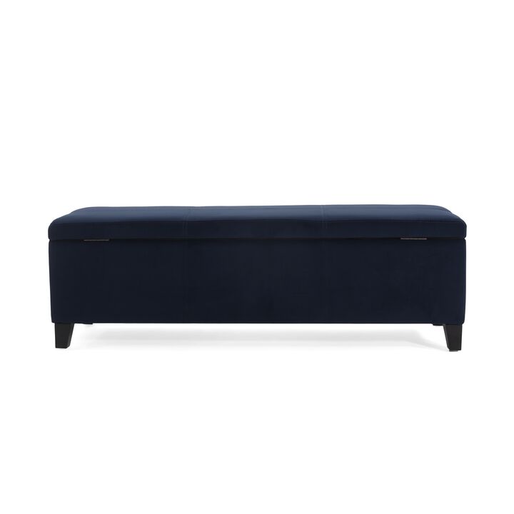 Elias Storage Ottoman Bench, 51 Inch Storage, Dark Navy Blue Velvet -Benzara