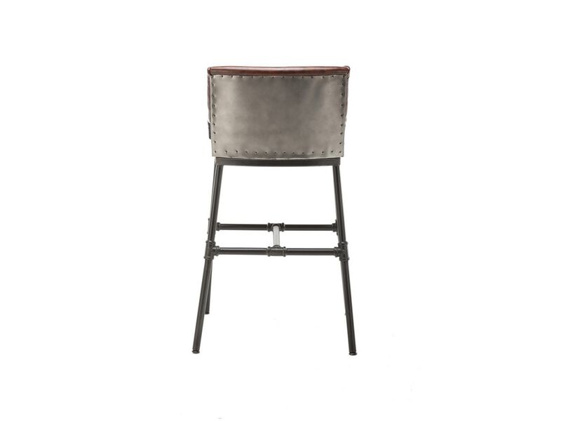 Leatherette Bar Stool with Riveted Metal Backing, Brown and Black-Benzara