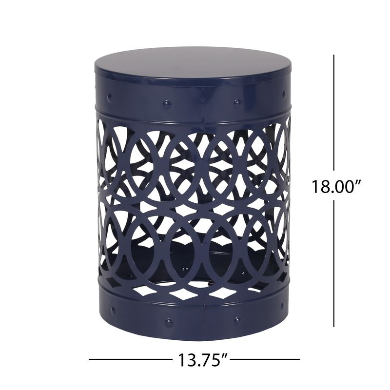 Kemo Outdoor End Table, Round 14 Inch, Cutout Design, Navy Blue Iron - Benzara
