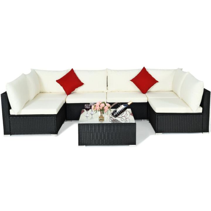 Hivvago 7 Pieces Sectional Wicker Furniture Sofa Set with Tempered Glass Top Coffee Table