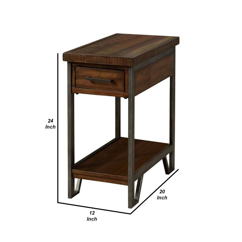 Rectangular Wood and Metal Side Table with USB Outlet, Brown and Gray-Benzara
