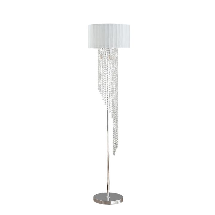 Mero Floor Lamp, Suspended Crystal Rain Chains, White Shade, 66 Inch  - Benzara