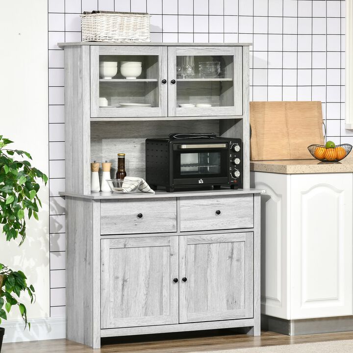 Ash Gray Kitchen Hutch: 63.5" Pantry with Glass Doors & Microwave Space