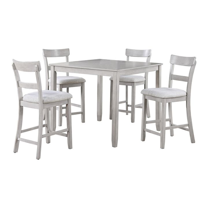 Cher 5 Piece Set Counter Height Dining Table, 4 Chairs, Gray Fabric, Wood - Benzara