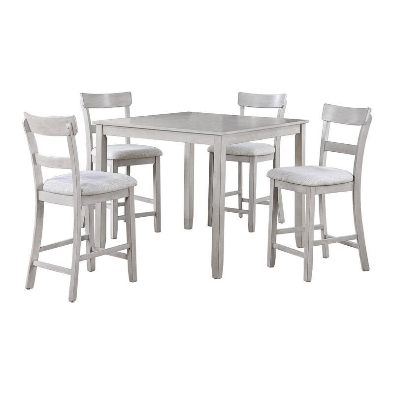Cher 5 Piece Set Counter Height Dining Table, 4 Chairs, Gray Fabric, Wood - Benzara