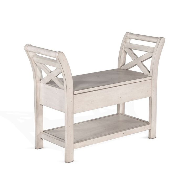 Sime 36 Inch Accent Bench, X-Panel and Storage, Ivory White Mahogany - Benzara