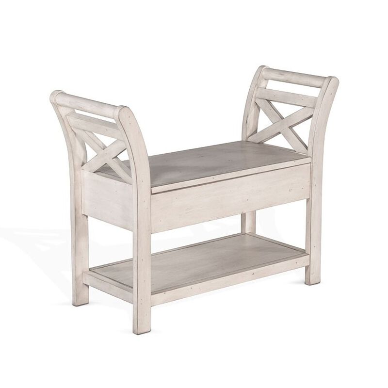 Sime 36 Inch Accent Bench, X-Panel and Storage, Ivory White Mahogany - Benzara