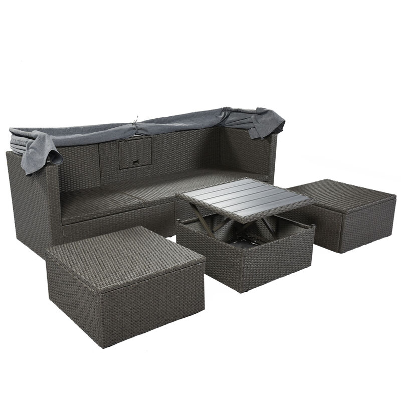 Outdoor Patio Rectangle Daybed With Retractable Canopy, Wicker Furniture Sectional Seating