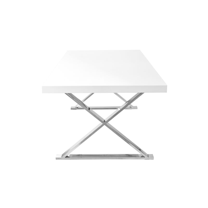 Rix 87 Inch Dining Table, White Wood Top, X Chrome Finished Steel Legs - Benzara