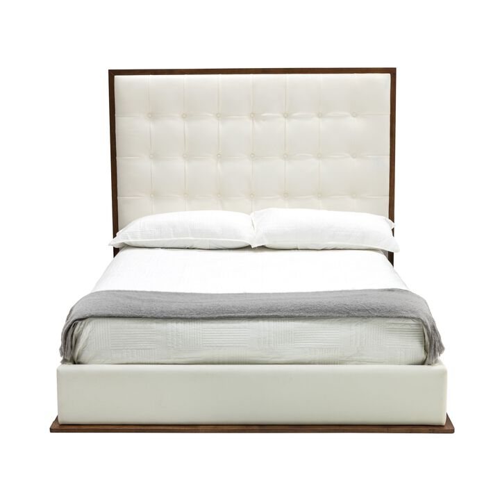 Cid Jess King Platform Bed, Tufted Faux Leather Upholstery, White, Brown - Benzara