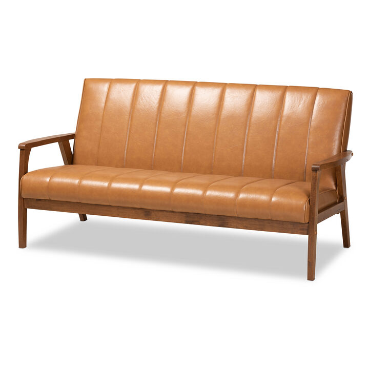 Baxton Studio Nikko Mid Century Tan Faux Leather Upholstered Wood Sofa