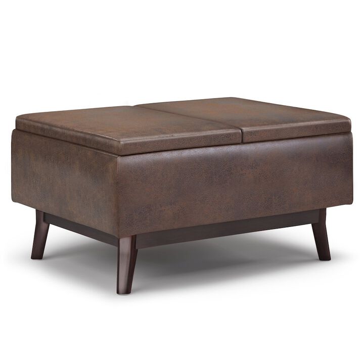 Simpli Home Small Coffee Table Storage Ottoman In Distressed Chestnut Brown Faux Leather