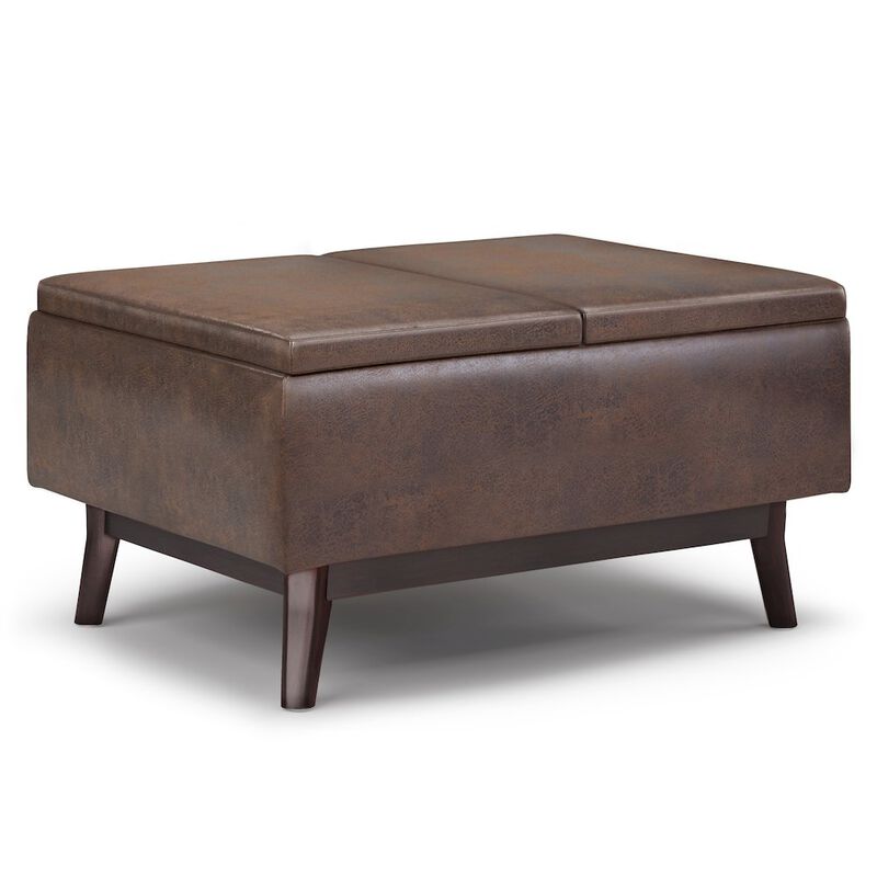 Simpli Home Small Coffee Table Storage Ottoman In Distressed Chestnut Brown Faux Leather