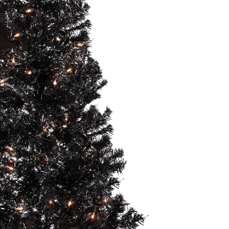 6' Pre-Lit Black Artificial Tinsel Christmas Tree  Clear Lights
