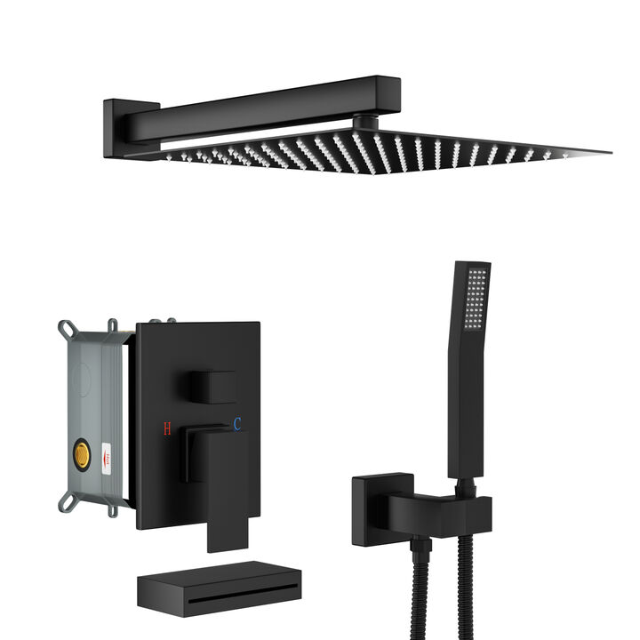 12" Rain Shower Head Systems With Waterfall Tub Spout, Matte Black, Wall Mounted Shower 0000