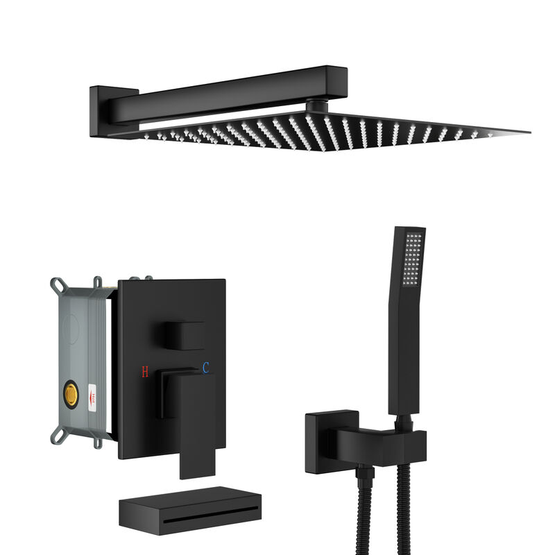 12" Rain Shower Head Systems With Waterfall Tub Spout, Matte Black, Wall Mounted Shower 0000
