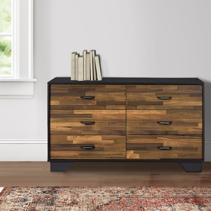 Dresser with 6 Drawers and Butcher Block Pattern, Brown and Gray-Benzara