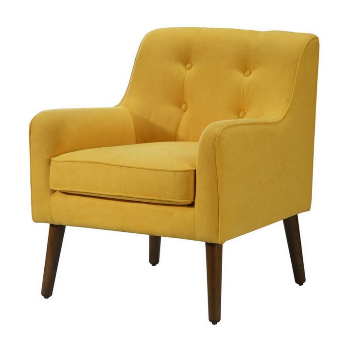 Kina 28 Inch Accent Chair, Yellow Fabric, Button Tufted, Angled Wood Legs-Benzara