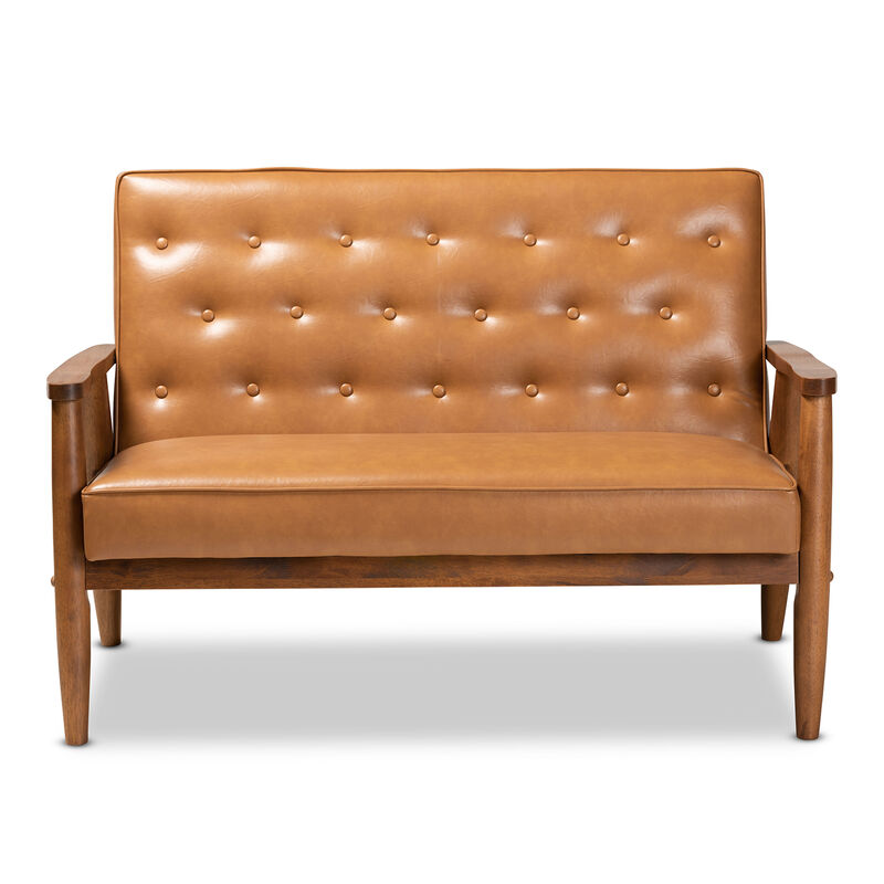 Baxton Studio Sorrento Mid Century Tan Faux Leather Upholstered Wood Loveseat
