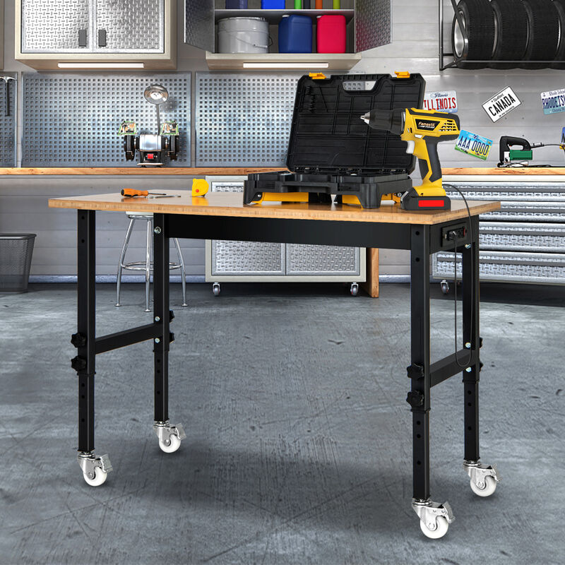 48 Inch Height Adjustable Workbench with Power Outlets and Wheels