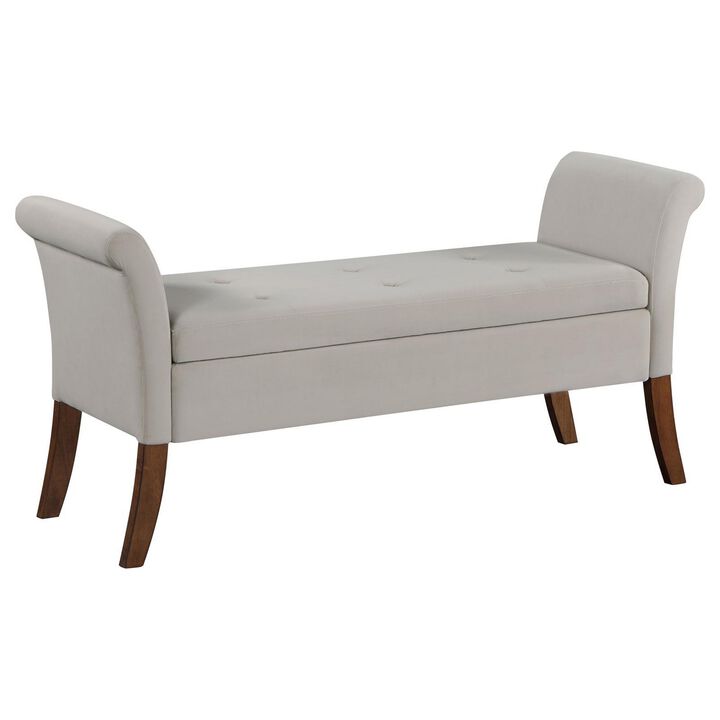 Ako 52 Inch Storage Bench, Button Tufting, Flared Arms, Beige Upholstery - Benzara