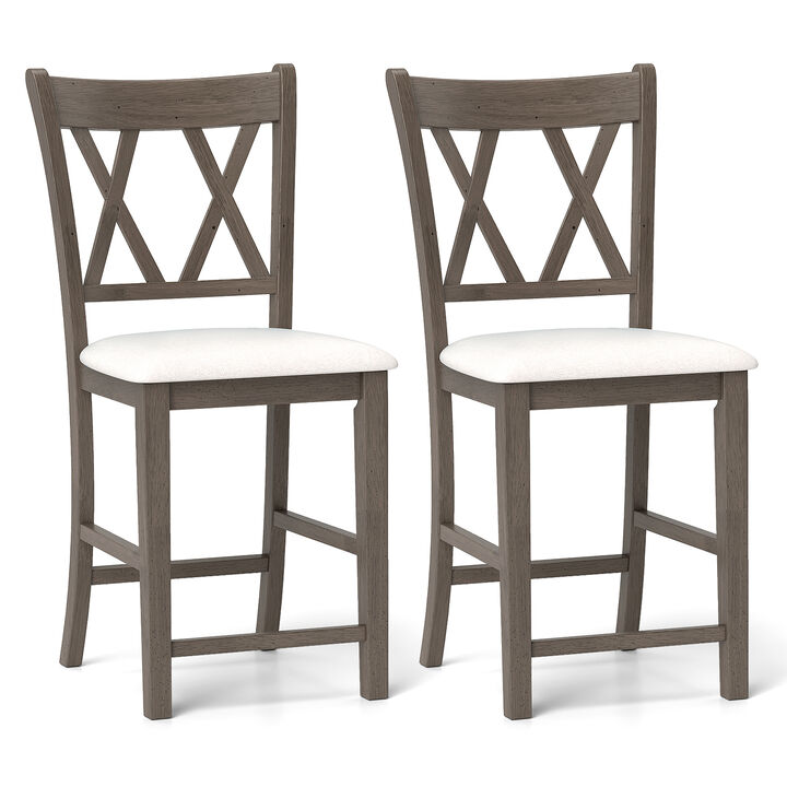 Set of 2 Bar Stools with Cross Back and Linen Fabric Upholstered Seat