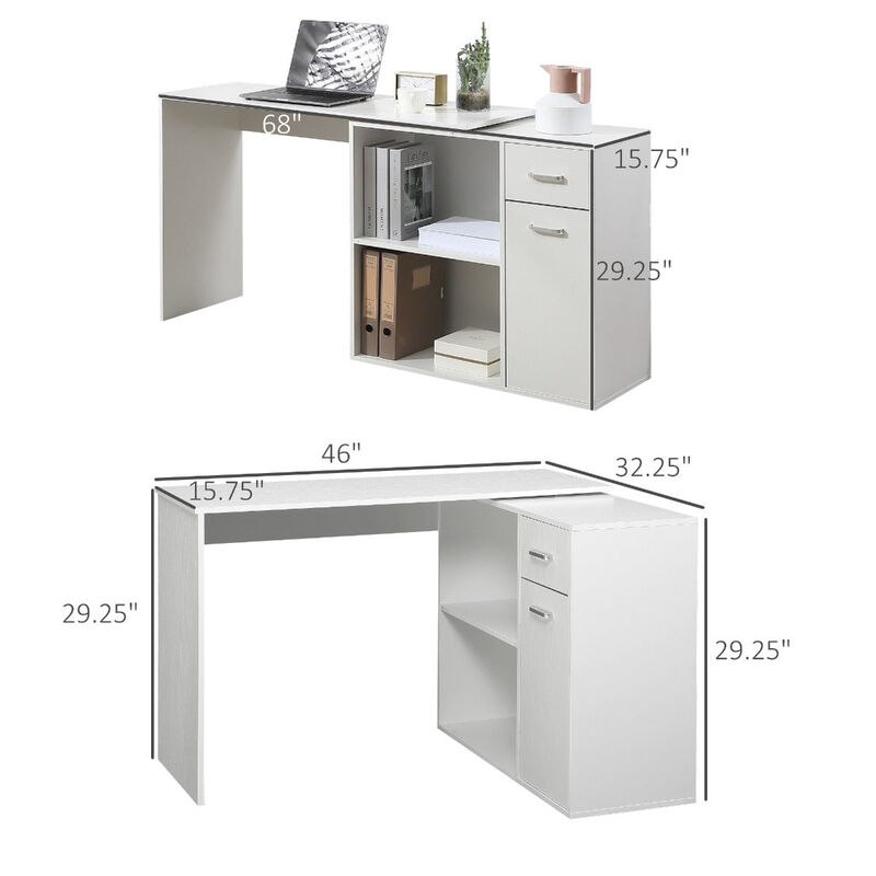 White Corner Workstation: L-Shaped Desk with Rotating Shelves & Drawer