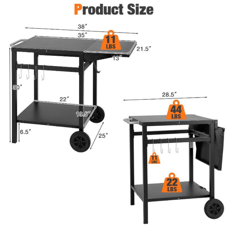 Movable Outdoor Grill Cart with Folding Tabletop and Hooks-Black
