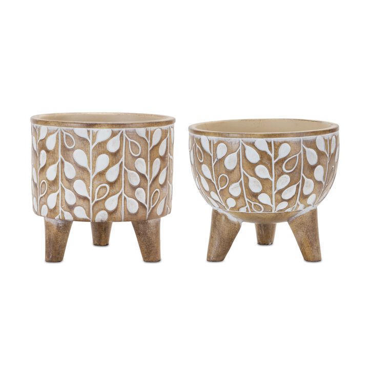 Leaf Print Planter With Legs (Set of 2) – Elegant and Contemporary Plant Pots with Legs for Home