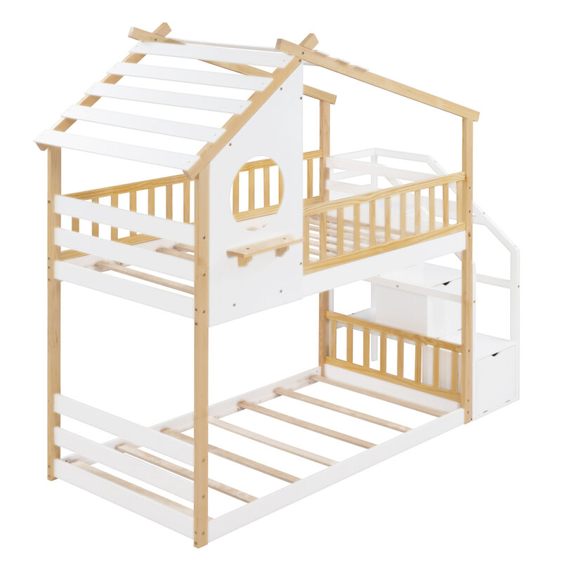 Stairway Twin-Over-Twin Bunk Bed, House Bed, Storage And Guard Rail, Natural Bed + Stair