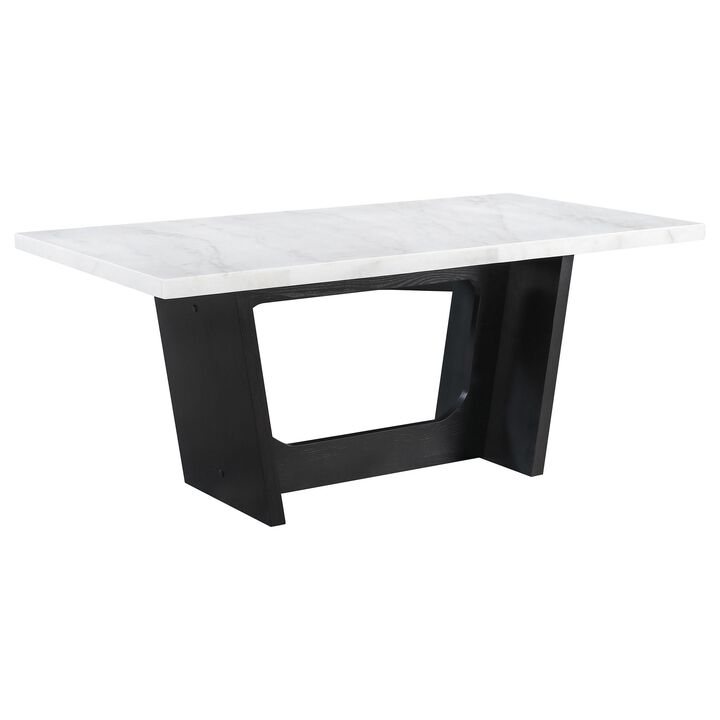 Shoy 72 Inch Dining Table, Rectangular White Marble Top, Trestle, Brown - Benzara