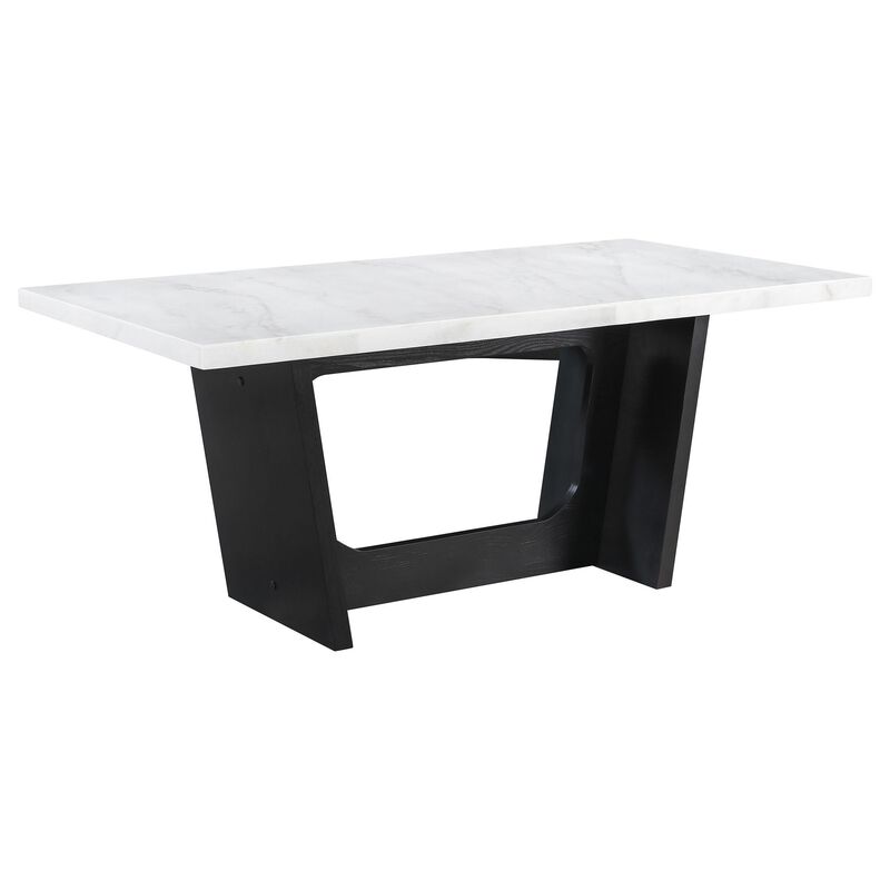 Shoy 72 Inch Dining Table, Rectangular White Marble Top, Trestle, Brown - Benzara