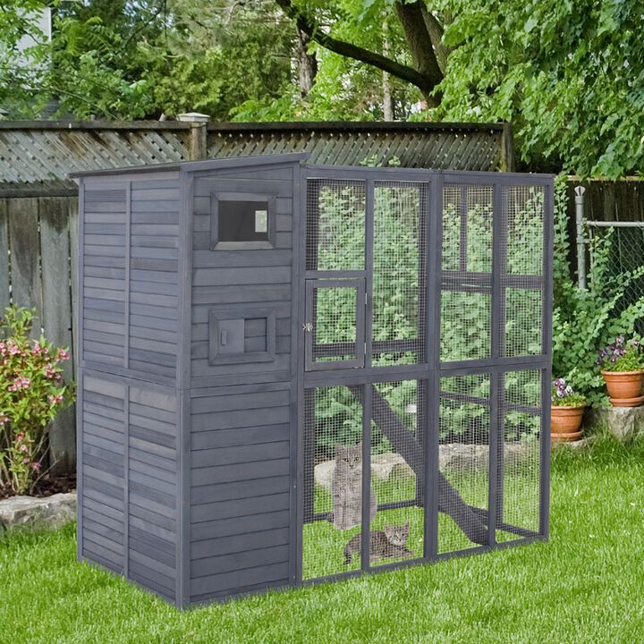 Grey Feline Paradise: 77x37x69 Outdoor Cat House with Platforms