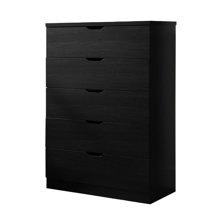 Tall Dresser Chest, 44 Inch Freestanding with 5 Drawers, Classic Black - Benzara