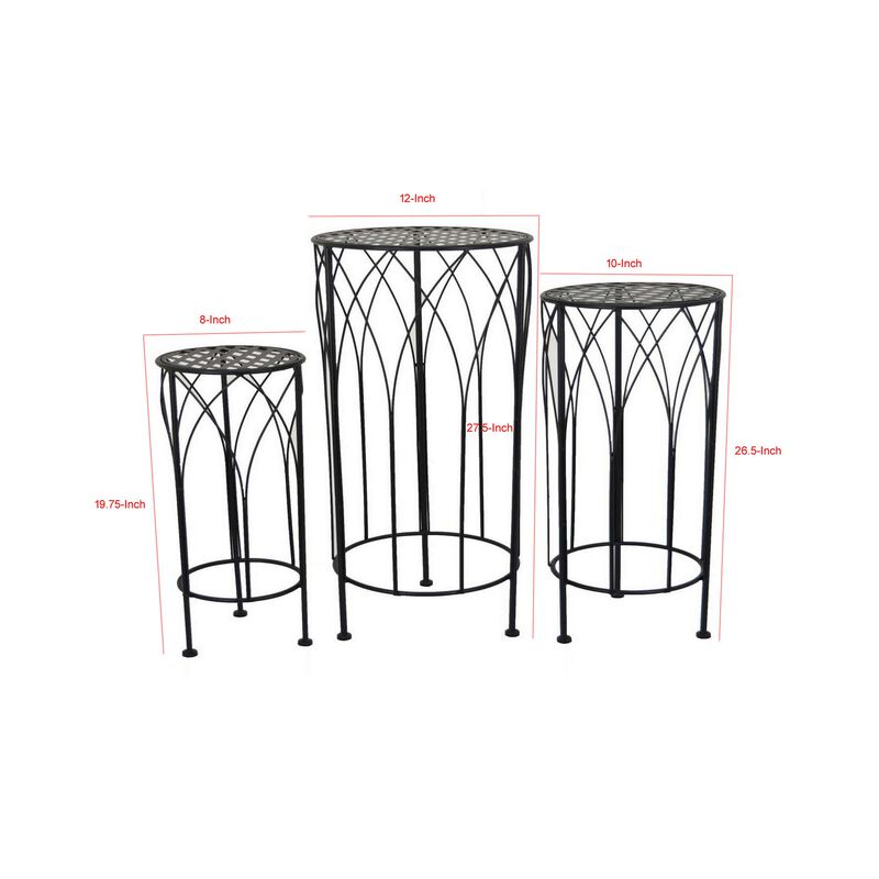 Lyi Plant Stand Table Set of 3, Round Carved Cutout, Wired Base Black Metal - Benzara