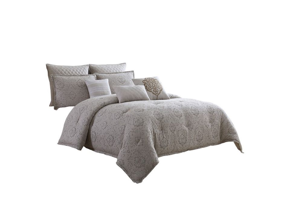 9 Piece Queen Cotton Comforter Set with Textured Floral Print, Gray - Benzara