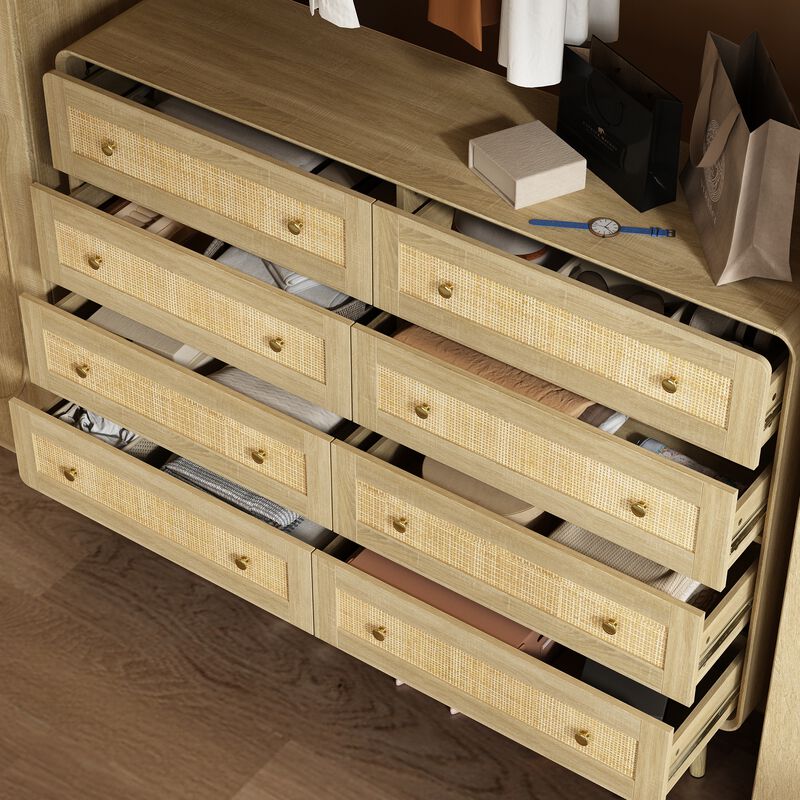 FUFU&GAGA Modern Rattan Dresser with 8 Drawers, PB Board with Gold Accents (55.1" W x 40" H x 13.9" D), Oak