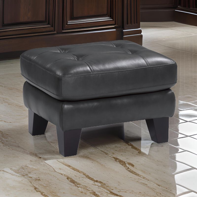 Sofy 27 Inch Ottoman, Dark Gray Top Grain and Faux Leather, Solid Wood - Benzara