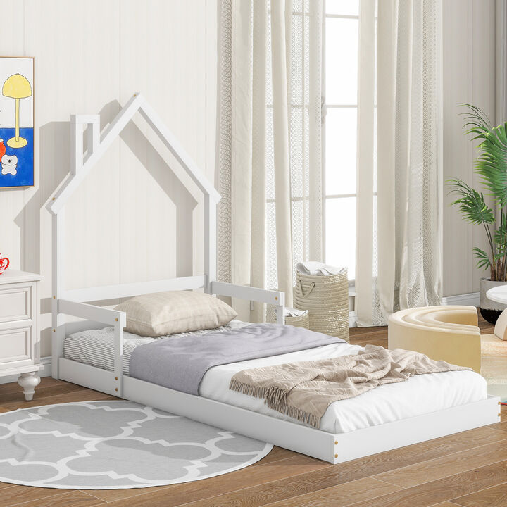 Full House-Shaped Headboard Bed with Handrails ,slats
,Natural