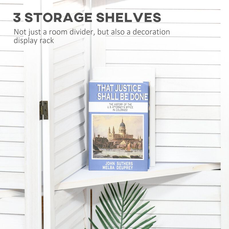 White Room Divider: 67" 4-Panel Portable Screen with Display Shelves