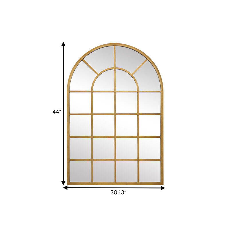 44 Inch Wood Wall Mirror, Arched Windowpane Shape, Antique Gold-Benzara