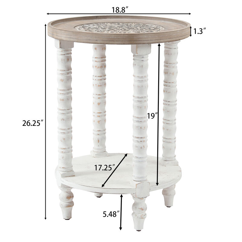 LuxenHome White and Natural Wood Round Accent Side Table with Storage