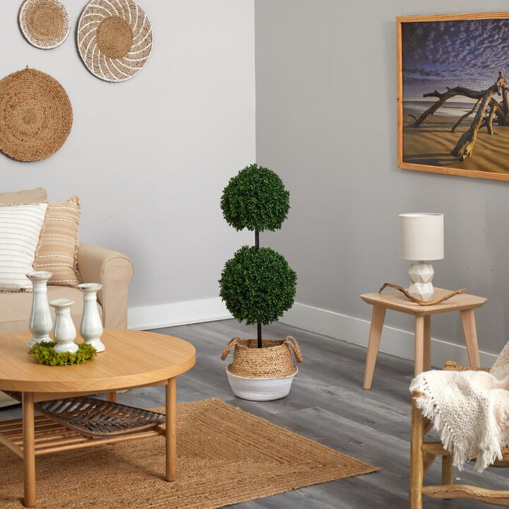 Hivvago 3.5 Feet Boxwood Double Ball Artificial Topiary Tree in Boho Chic Handmade Cotton & Jute White Woven Planter UV Resistant (Indoor/Outdoor)