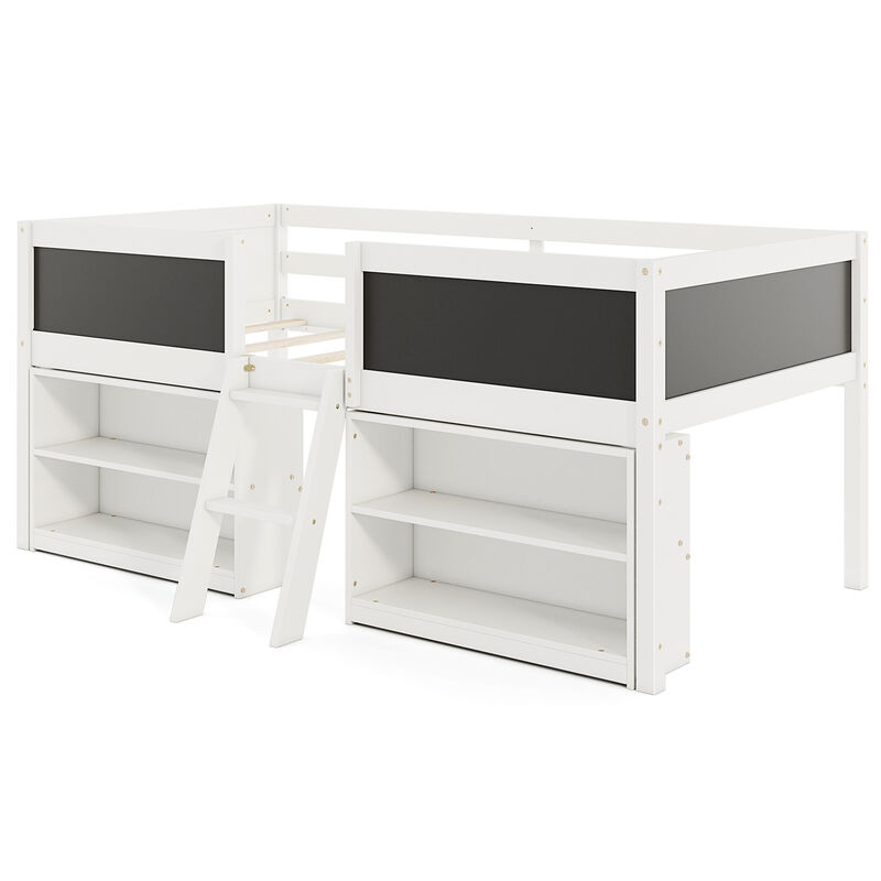 Kid Low Loft Bed with Chalkboard Ramp Ladder and Bookcases