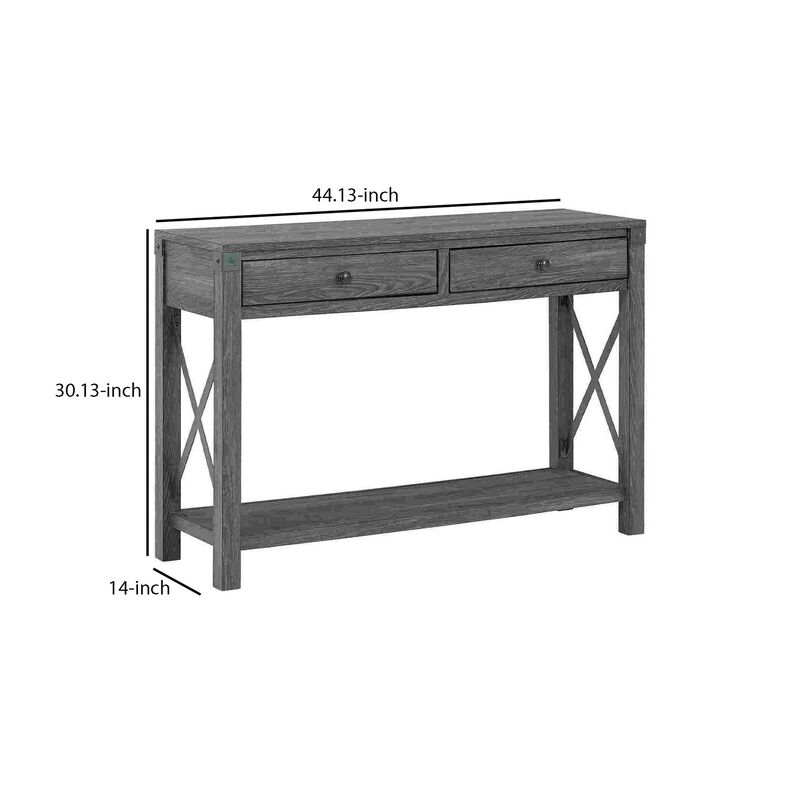 Sofa Table with X Metal Accent and 2 Drawers, Gray-Benzara